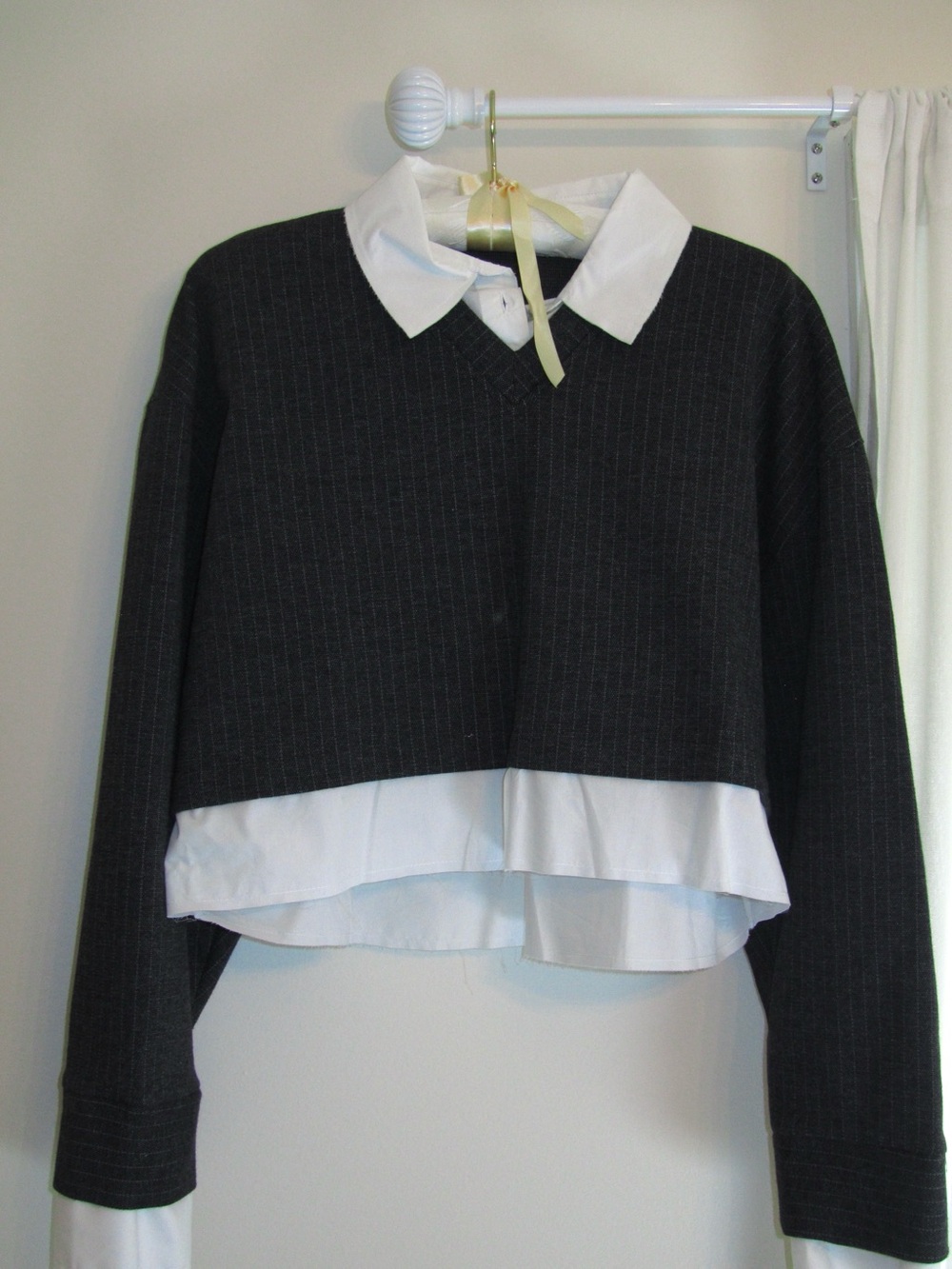 Zara Black Pinstripe V-Neck Sweater with Attached White Collar